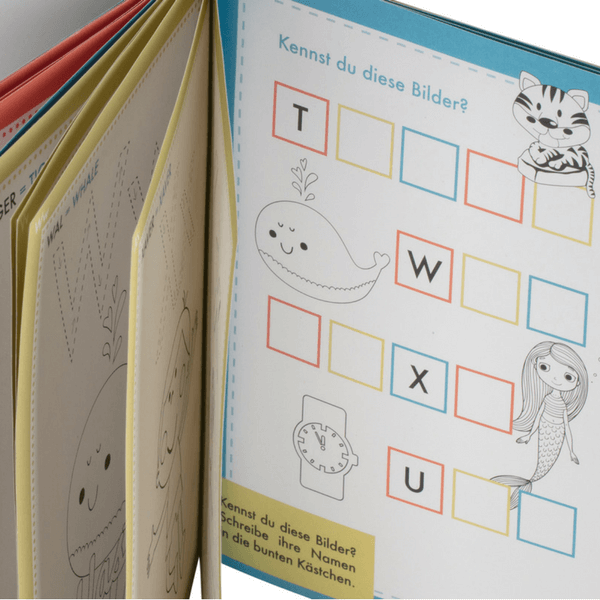 Innenseite mit Tiger, Wal, Nixe und Uhr vom ABC Malbuch für Kinder