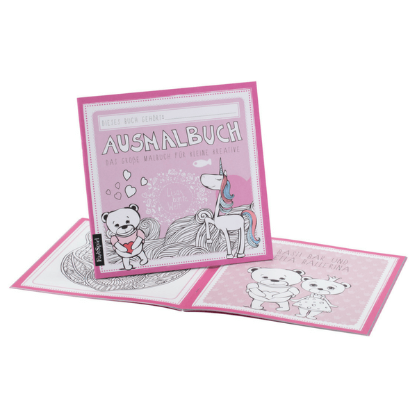 rosa Ausmalbuch für Kinder mit Teddy, Einhorn und Mandalas