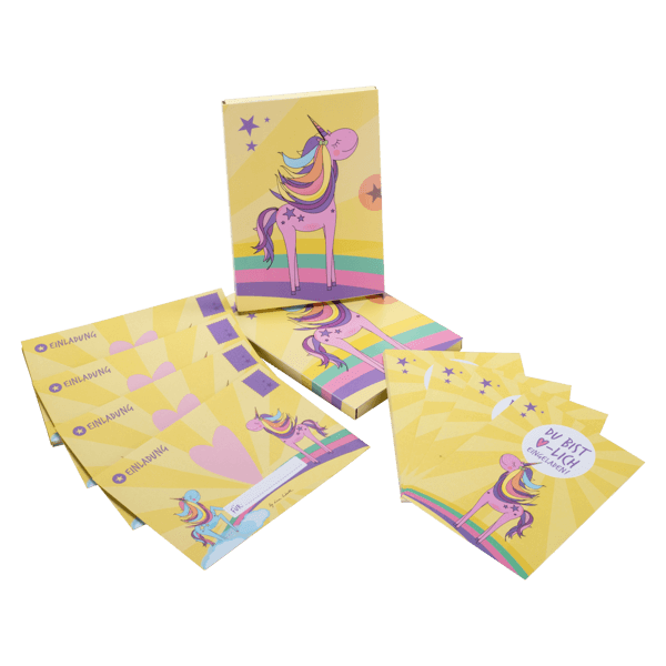 Einhorn-Einladungskarte für Mädchen in gelb mit rosa Einhorn