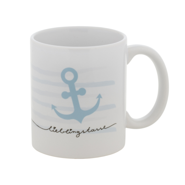 weiße Keramiktasse mit blauen Streifen und maritimen Ankerdesign und Aufdruck "Lieblingstasse"