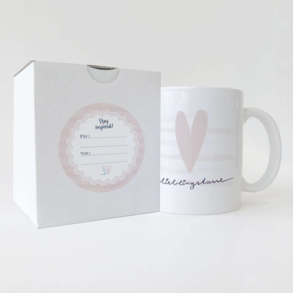 Keramiktasse mit Streifen, rosa Herzdesign und Lieblingstasse, verpackt in passender Schachtel und rosa Geschenkaufkleber