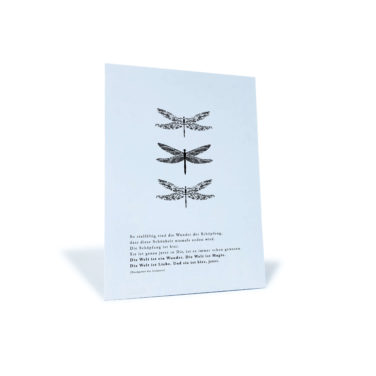 weiße Postkarte mit Libellen und einem Zitat der Dankgeber der Irokesen