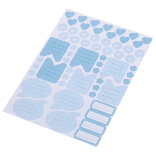 Stickerbogen mit blauen Stickern, wie Blumen, Herzen, Sprechblasen, ToDo-Listen