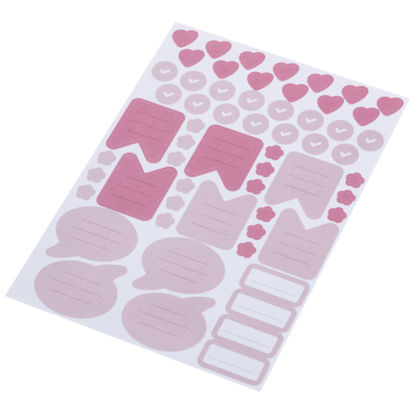 Stickerbogen mit rosa und pinken Stickern, wie Blumen, Herzen, Sprechblasen, ToDo-Listen