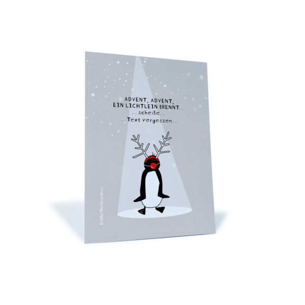 graue Weihnachtskarte mit Pinguin der Advent, Advent singt