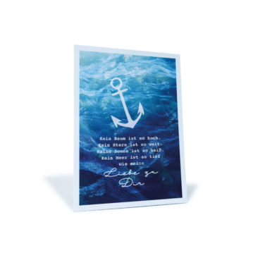 blaue Meeres-Postkarte mit Anker "Kein Baum ist so hoch, kein Stern ist so weit,... wie meine Liebe zu dir"