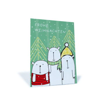 grüne Weihnachtskarte mit Tannenbäumen, Bären "Frohe Weihnachten"
