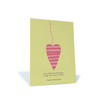 gelbe Postkarte mit rosarotem Herz "die schönsten Geschenke kriegt man nicht für Geld"