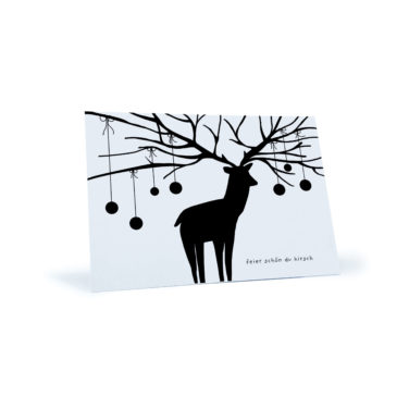 Weihnachtskarte mit Elch und Christbaumkugeln "feier schön du hirsch"