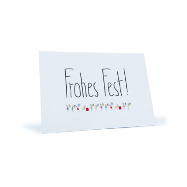 Weihnachtspostkarte mit Menschen die sich Geschenke schenken "Frohes Fest!"