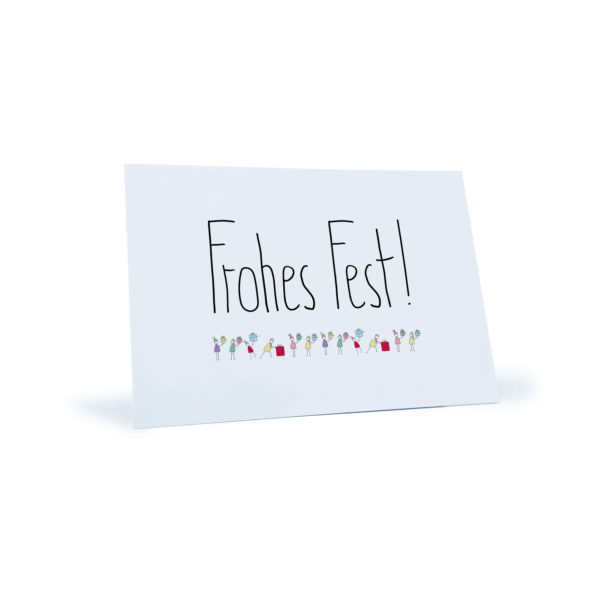 Weihnachtspostkarte mit Menschen die sich Geschenke schenken "Frohes Fest!"