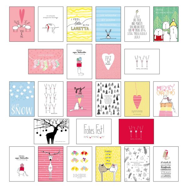 Übersicht aller Weihnachts-Postkarten des Weihnachtspostkarten-Sets #2 mit frohen Farben und Motiven