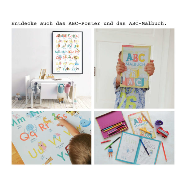 Übersicht des ABC-Lernposter und ABC-Malbuch mit Jungen im Kinderzimmer