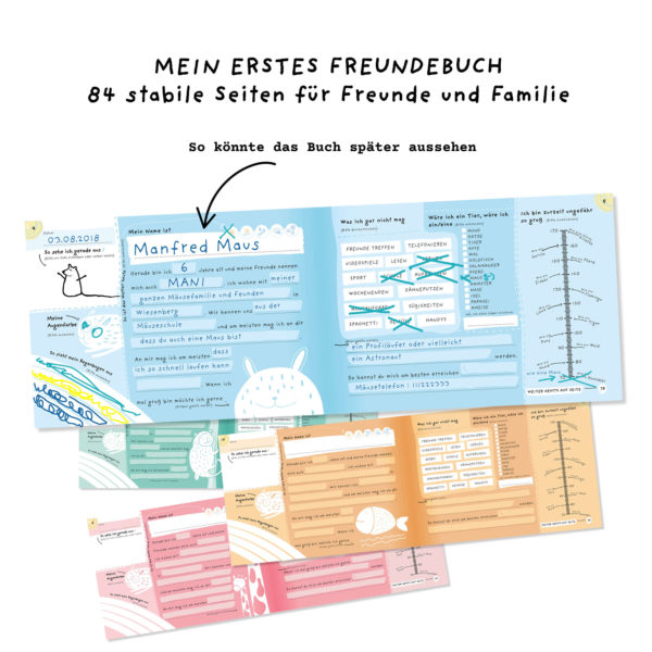 Innenansicht des Freundebuchs "Alle meine Freunde" mit Beispielen von Stay Inspired! by Lisa Wirth