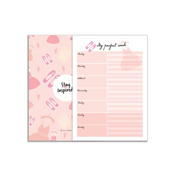 wunderschöner rosa Notizblock bzw. Wochenplaner "my perfect week" im DIN A5-Format mit farbiger Rückseite von Stay Inspired! by Lisa Wirth