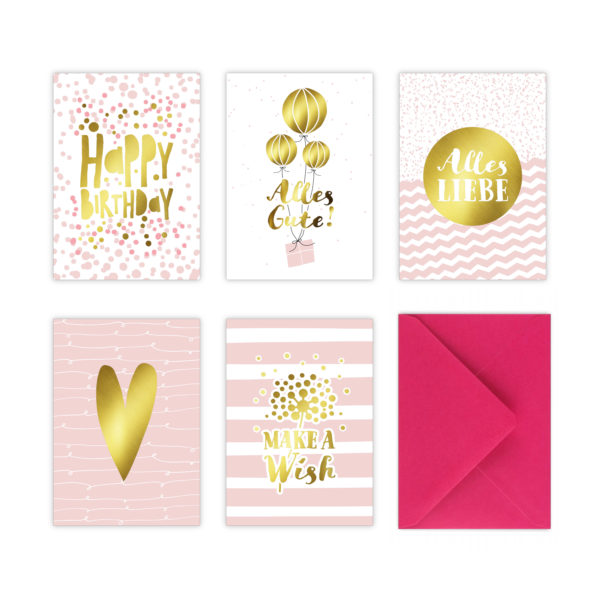 rosa Glückwunschkarten mit goldener Folienprägung mit Aufdruck in "Happy Birthday", "Alles Gute", "Alles Liebe", "Make a Wish"