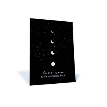 Postkarte mit dem Mond in den verschiedenen Mondphasen "love you to the moon and back"
