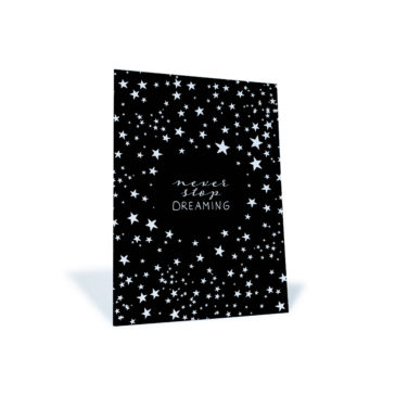schwarze Postkarte mit weißen Sternen "Never stop dreaming"