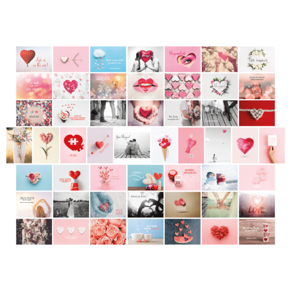 52-teiliges Postkarten-Set bzw. Hochzeitsspiel für 52 Wochen mit Postkarten in rosa mit Herzen