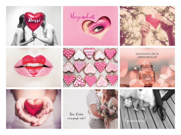 8 Postkarten aus dem 52-teiligen Postkarten-Set bzw. Hochzeitsspiel für 52 Wochen mit Postkarten in rosa mit Herzen