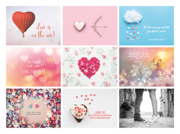 8 Postkarten aus dem 52-teiligen Postkarten-Set bzw. Hochzeitsspiel für 52 Wochen mit Postkarten in rosa mit Herzen
