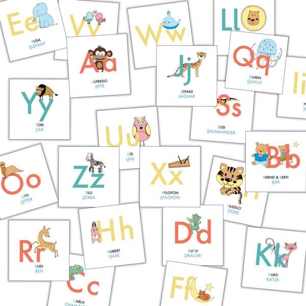 ABC-Spiel, Memospiel mit Alphabet und Tieren für Kinder im Kindergarten und Grundschule