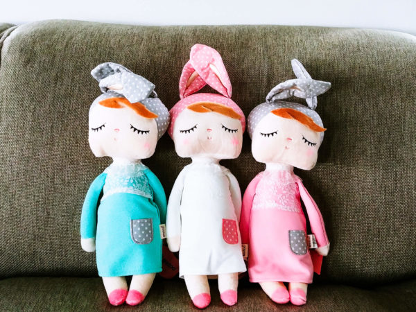 3 female bunnies, bunny dolls "Angela" with sleeping eyes by metoo in pink, turquoise and white