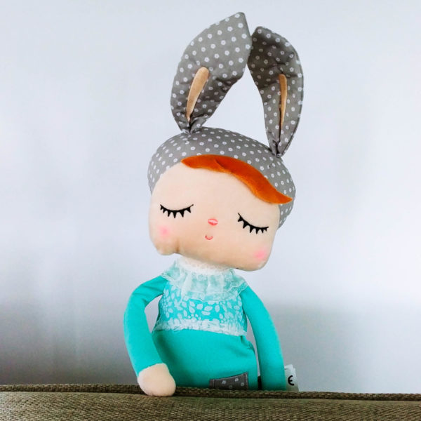 Female Bunny, bunny doll "Angela" by metoo with turquoise dress and grey cap