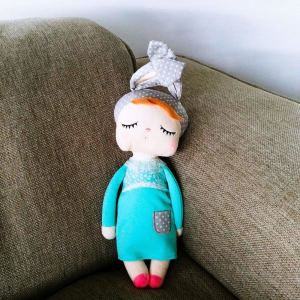 Female Bunny, bunny doll "Angela" by metoo with turquoise dress and grey cap