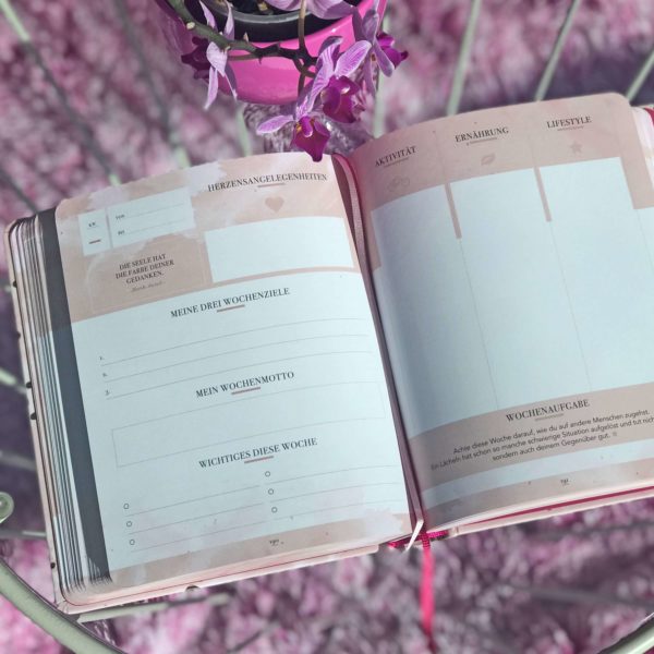 rosa Terminkalender "Lifestyle Planner" mit Wochenzielen, Wochenmotto, Aktivität, Ernährung und Lifestyle