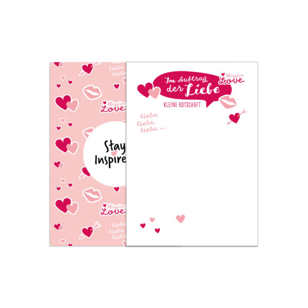 rosa Notizblock in DIN A6 mit Herzen und Kussmund für kleine Liebesbotschaften