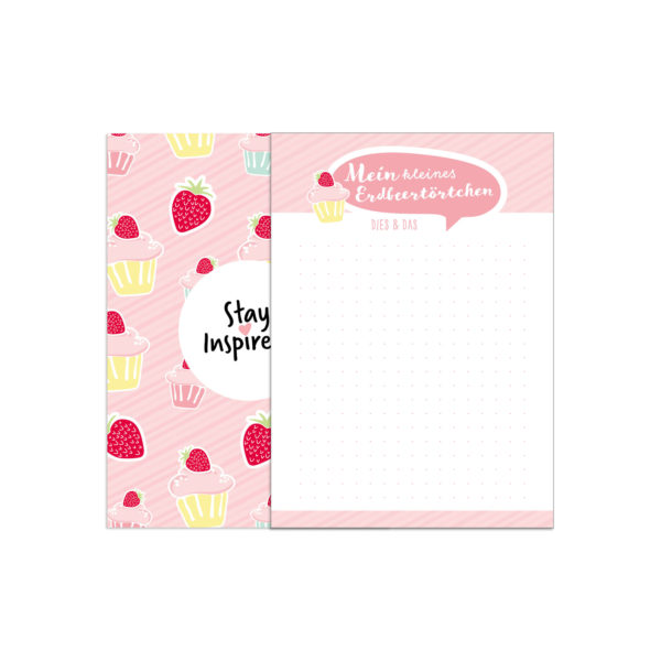 rosa Notizblock in DIN A6 mit dot grid und Cupcakes und Erdbeeren als Motiv "Mein kleines Erdbeertörtchen"