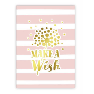 rosa-weiß-gestreifte Klappkarte/Glückwunschkarte "Make a Wish" mit Gold-Veredelung