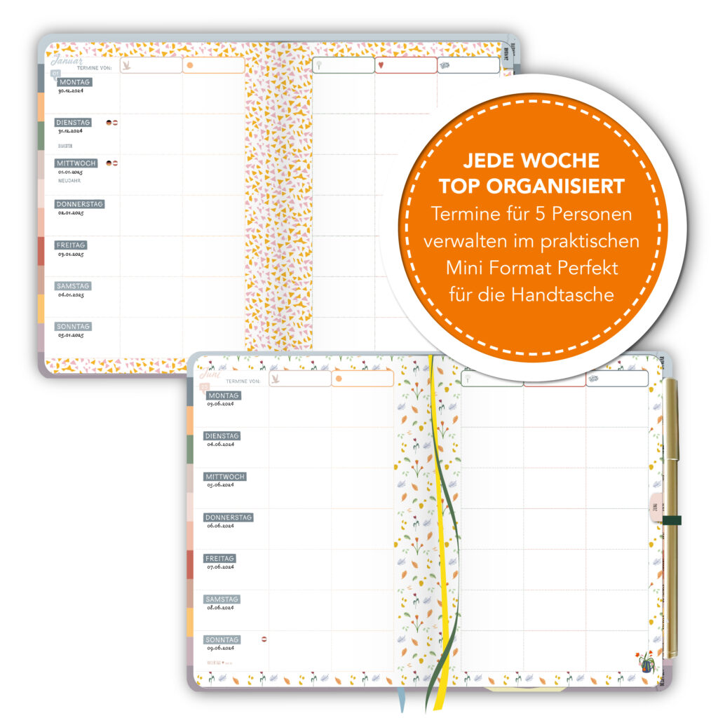 Mini Familienplaner 2025 DIN B6 - Handtaschenkalender Für 5 Personen